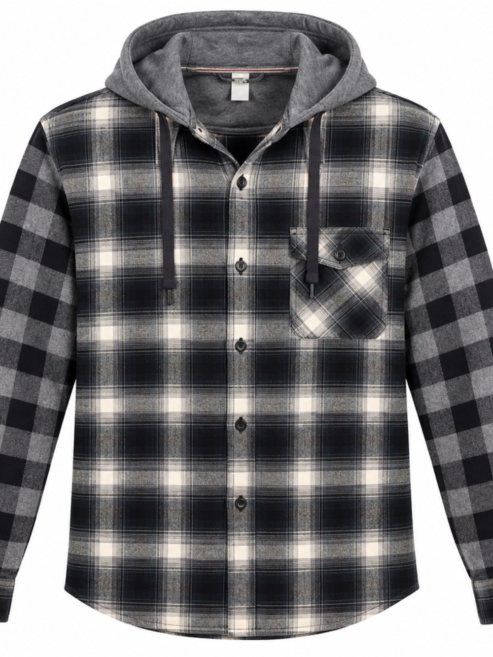 Men's Black & Gray Plaid Hooded Button-Down Shirt